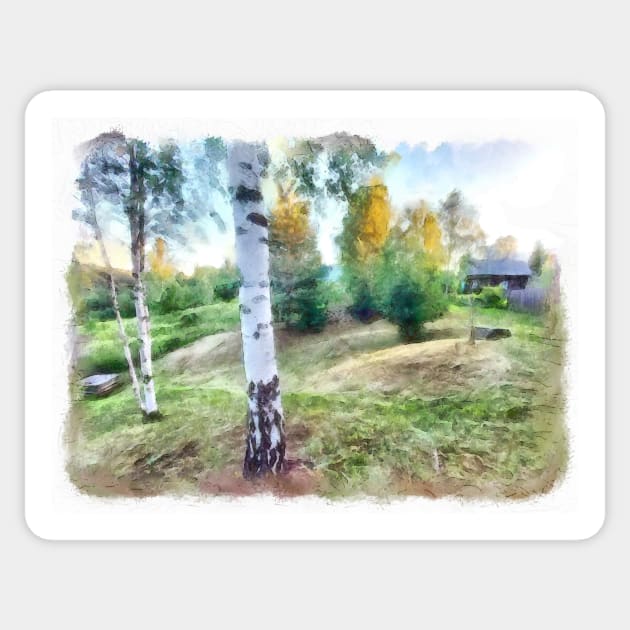 Summer landscape with birches. Sticker by Evgeniya